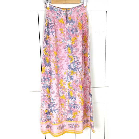 60s vintage pink yellow floral long aline front slit maxi skirt - Picture 5 of 5